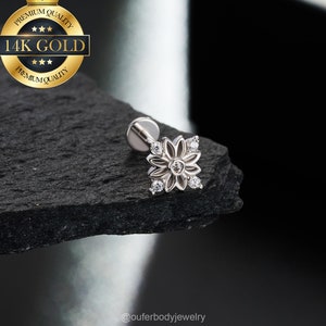 14K Solid White Gold Flower Threadless Push Pin Labret Stud/Cartilage Earring/Nose/Helix/Tragus/Conch Stud/Flat Back Earrings 20G/18G/16G