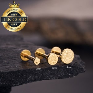 Piercing labret a disco martellato in oro massiccio 14 carati con perno a pressione/orecchino piatto senza filetto/orecchino trago/elica/conca/cartilagine/naso/Monroe