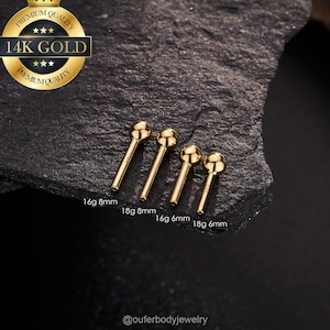 16G 18G 6mm 8mm THREADLESS 14K Solid Gold Replacement/Ball end Threadless Post/Push Pin Back/Straight Bar/helix/conch/tragus gold stud