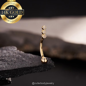 Pendiente de torre con triple circonita cúbica en oro macizo de 14 quilates, anillo para ceja, barra curva, piercing de torre, piercing para ceja y cartílago.