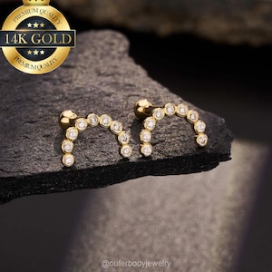 14K Gold Invisible Set Diamond Demi Eternity Threaded Stud Earring/Bezel CZ Cartilage Climber Stud/Semicircle Helix Earring/Conch Piercing