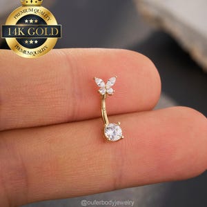 14K Solid Gold Butterfly CZ Curved Barbell-Rook Earring, Eyebrow/Cartilage Piercing