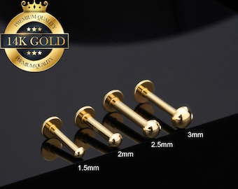 14K Solid Gold Semi Ball THREADLESS Ends/Push In Labret Piercing/Tiny Gold Flat Back Stud/Neus/Tragus/kraakbeen/Conch/Helix/Oorlel Studs