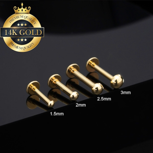 Extrémités SANS FIL semi-boule en or massif 14K/Push In Labret Piercing/Tiny Gold Flat Back Stud/Nez/Tragus/Cartilage/Conch/Helix/Earlobe Studs