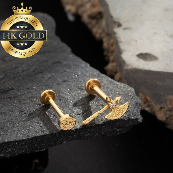 14K Gold Hammered Disc &Axe THREADLESS Cartilage Earring/Push Pin Labret Stud/Beaten discs/Helix/Conch/Tragus/Nose/Earlobe Flat Back Studs