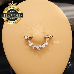 A Pair 14K Solid Gold Semicircle Nipple Ring/Crystal Hearts Nipple Shield /Nipple Piercing/Nipple Jewelry/Nipple Clamps/Nipple Barbell/Gifts