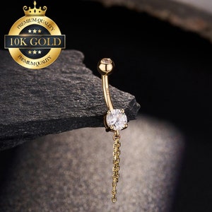 10K Solid Gold Round CZ Dangle Chain Belly Button Ring/Navel Ring/Curved Barbell/Belly Piercing/Navel Jewelry/Belly Bar/Navel Piercing/Gift