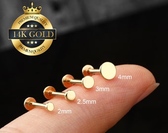 14K Solid Gold Tiny Flat Disc Threadless Push Pin Labret Stud/1.5/2/2.5/3/4mm Tiny Dot Cartilage earrings/Tragus/Helix/Conch stud/Flat Back