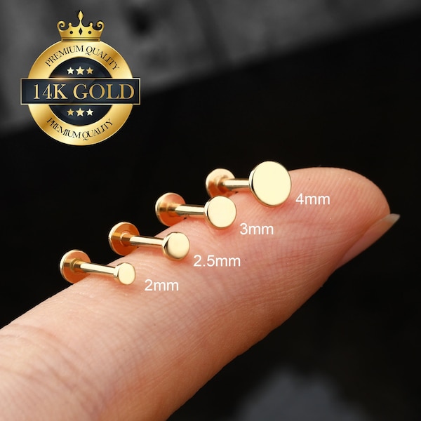 14K Solid Gold Tiny Flat Disc Threadless Push Pin Labret Stud/1.5/2/2.5/3/4mm Tiny Dot Cartilage earrings/Tragus/Helix/Conch stud/Flat Back