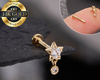 14K Solid Gold Dangle Star Cartilage Earring/Internally threaded Flat Back Stud/Helix Stud/Conch Piercing/Tragus Jewelry/Tiny Danity Earring