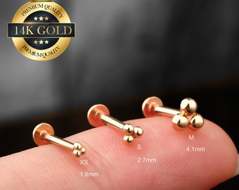 14K oro sólido pequeña cuenta cartílago sin rosca Push Pin Labret Stud/pendiente de caracola/pequeño perno de cartílago/hélice/tragus studs/pendientes de espalda plana