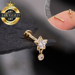Boucle d'oreille pendante cartilage étoile en or massif 14 carats/goujon arrière plat avec filetage interne/goujon hélicoïdal/piercing conque/bijoux Tragus/boucle d'oreille minuscule Danity