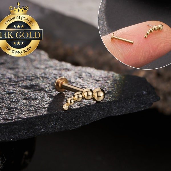 14K Solid Gold Beaded Ball Push Pin Labret 20G 18G 16G/Threadless Flat Back Earring/Inner Conch Stud/Tragus/Helix Stud/Cartilage/Nose Stud