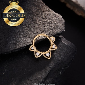 14K Solid Gold Lotus Flower Bright Daith Hoop Clicker/Cartilage Hoop/Septum Jewelry/Flower Petal Daith Jewelry/Helix/Tragus/Conch Hoop/Gifts