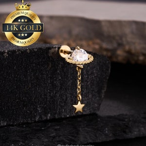 14K Solid Gold Planet Dangle Flower Threadless Flat Back Stud Earring/Push Pin Stud/Cartilage/Helix/Conch/Tragus/Nose Stud/Tiny Gold Stud