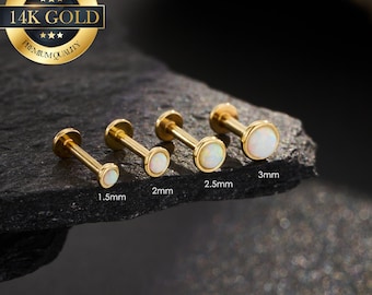 14K massief gouden ring opaal draadloze push pins oorbel stud/witte opaal platte achterkant labret stud/neuspiercing