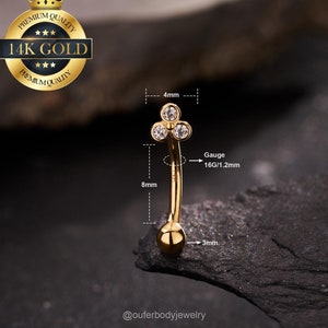 14K Solid Gold Trinity Bead CZ Curved Barbell/Bright Eyebrow Ring/Rook Earring/Vertical Labret Piercing/Rook Barbell/Cartilage Earring/Gifts