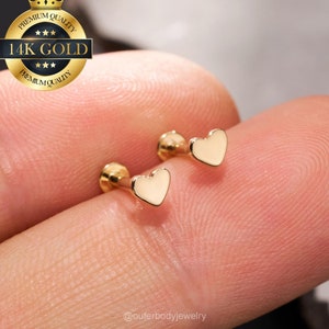 14K Solid Gold Heart Cartilage Stud/16G Internally threaded Labret Piercing/Tiny Helix Stud/Tragus/Conch stud/Flat Back Stud Earrings/Gifts