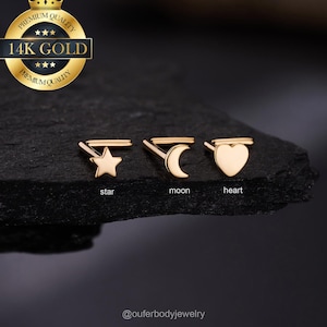 20G 14K Solid Gold Heart/Moon/Star L shape Nose Stud/Nose Piercing/Bright Nose Ring/Daily Nose stud/Tiny Nose Jewelry/Straight Nose Stud