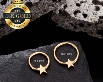 14K Solid Gold 16G Star Septum Ring/Hinged Daith Hoop Clicker/Cartilage Hoop/Septum Jewelry/Daith Jewelry/Helix/Tragus/Conch Piercing Hoop