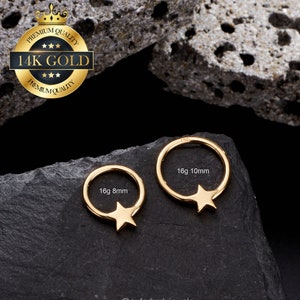 14K Solid Gold 16G Star Septum Ring/Hinged Daith Hoop Clicker/Cartilage Hoop/Septum Jewelry/Daith Jewelry/Helix/Tragus/Conch Piercing Hoop zdjęcie 1