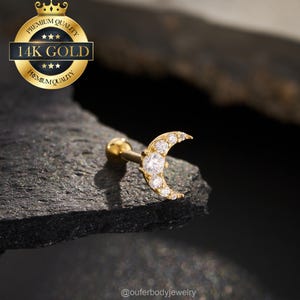 14K 16G Solid Gold CZ Crescent Moon Helix Stud/Cartilage Earring/Conch Piercing/Tragus Stud/Ball Ends Screw Back Earring/Helix Jewelry/Gift