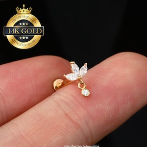 Boucles d'oreilles pendantes Cartilage couronne en or massif 14 carats/Tige labret à épingles sans fil/Nez/Tragus/Conque/Piercing hélicoïdal/Boucles d'oreilles pendantes/Dos plat