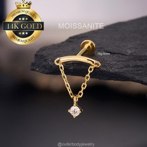 Boucles d'oreilles pendantes hélice cachée en or massif 14 carats Moissanite/Boucles d'oreilles horizontales/Piercing du cartilage/boucle d'oreille filetée interne Rook caché