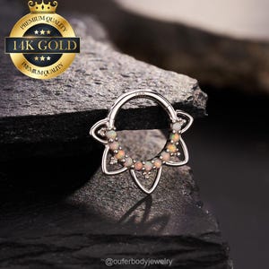 14K White Gold Opal Lotus Flower Hinged Daith Hoop Clicker/Cartilage Hoop/Septum Jewelry/Flower Petal Daith Jewelry/Helix/Tragus/Conch Hoop