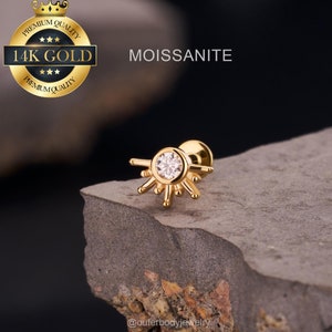 14K Solid Gold MOISSANITE Stone Sun Labret Cartilage Stud/Cartilage Earring/Helix Pierccing/Conch Stud/Tragus Stud/Flat Back Gold Stud/Gifts