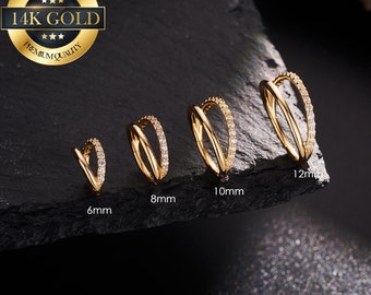 20G 18G 16G 14K Solid Gold Sparkly Double Nose Hoop/Helix Hoop/Hinged Clicker Hoop/Cartilage Hoop/Conch/Nose/Rook/Tragus Earrings/Tiny Hoops