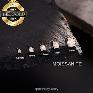 14K Solid Gold MOISSANITE Diamond Stud TOP/Threadless push in Cartilage Earring/Moissanite gem Helix/Conch/Tragus/FlatBack Nose Stud/No POST