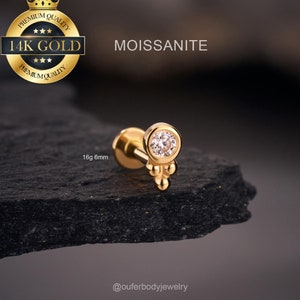 14K Solid Gold MOISSANITE Labret Piercing Stud/Tiny beads Moissanite Stone Cartilage Earring/Helix/Conch/Tragus Stud/Flat Back Earring/Gifts