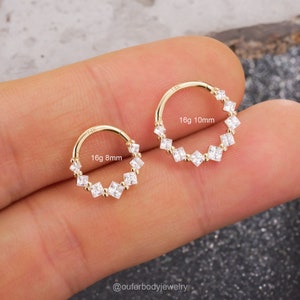 14K Solid Gold Square CZ Septum Ring/Cluster Cartilage Earring/Hinged Clicker/Daith Earring/Helix/Conch/Tragus/Nose Piercing Hoop/Girls Gift