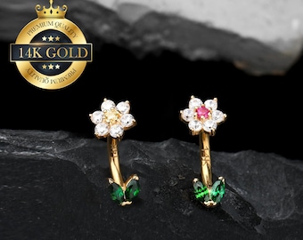 14K Solid Gold Flower Curved BarBell/Green Leaf Cartilage Earring/16g Rook Earring/Eyebrow Jewelry/Rook Piercing Jewelry/Tragus/Gift for her