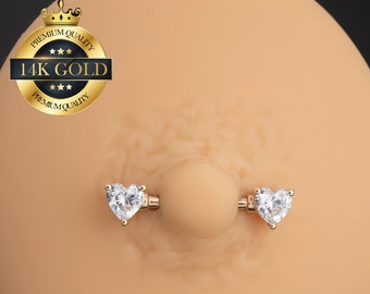 A Pair 14K Solid Gold Heart CZ Nipple Rings/14g Nipple Jewelry
