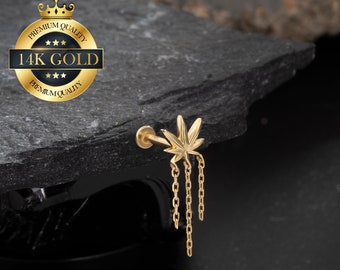 14K Solid Gold Maple Leaf Drop Chain Threadless Earrings/Cartilage Stud/Push Pin Flat Back Stud/Helix/Conch/Tragus/Earlobe Stud Earring/Gift