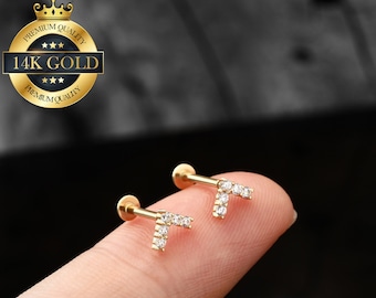 14K Solid Gold Tiny Gold Flat Back CZ Stud/Threadless Push In Labret Stud/Cartilage Earring/Helix/Nose/Tragus/Conch/Earlobe Stud/Gift forher