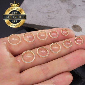14K Solid Gold CZ Hinged Clicker Hoop/Cartilage Earring/Daith Jewelry/Septum Ring/Helix/Tragus/Conch/Rook Piercing/Huggie Tiny Hoops 16g/18g