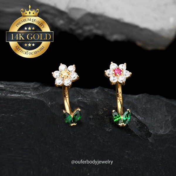 14K Solid Gold Flower Curved BarBell/Green Leaf Cartilage Earring/16g Rook Earring/Eyebrow Jewelry/Rook Piercing Jewelry/Tragus/Gift for her