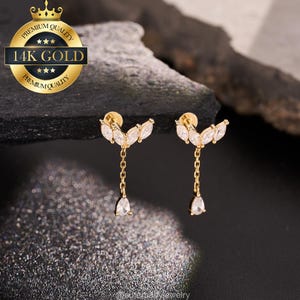 14K Solid Gold Dangle Pear Gem Interanlly Threaded Stud Earrings/Minimalist Gem Cartilage Earrings/Conch/Helix Stud/Piercing Stud/Flat Back