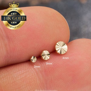 Puce labret ronde en or massif 14 carats taille diamant/boucle d'oreille sans fil à l'arrière plat/tragus/hélice/conque/cartilage goujon/nez/monroe