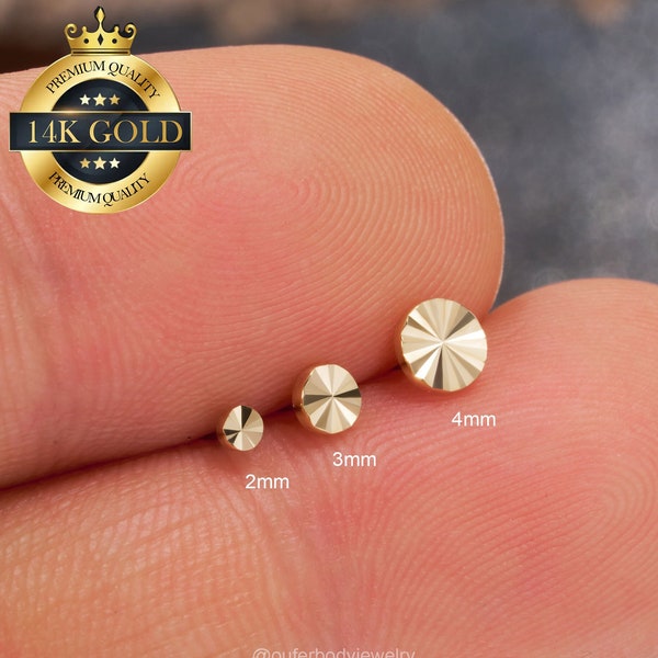 14K Solid Gold Diamond Cut Ronde Push Pin Labret Stud/Draadloze platte achterkant oorbel/Tragus/Helix/Conch Stud/kraakbeen Stud/neus Stud/Monroe