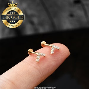 14K Solid Gold Tiny Gold Flat Back CZ Stud/Threadless Push In Labret Stud/Cartilage Earring/Helix/Nose/Tragus/Conch/Earlobe Stud/Gift forher
