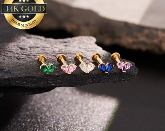 16G 18G 20G 14K ゴールド カラフル ハート スレッドレス 軟骨スタッド 