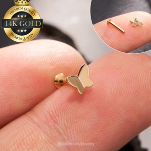 14K Solid Gold Butterfly Cartilage Stud/16G Internally threaded Labret Piercing/Tiny Helix Stud/Tragus/Conch stud/Flat Back Stud Earrings
