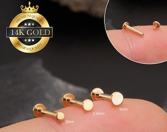 14K 8mm Solid Gold Tiny Flat Disc Stud 16G Internally threaded/Tiny Cartilage earrings/Tragus/Forward Helix/Conch stud/Flat Back Nose stud