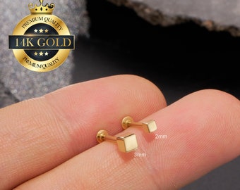 14K Solid Gold Cubes Cartilage Threadless Push Pin Labret Stud/Three-dimensional Square stud/Conch/Helix/Tragus/Earlobe Flat back earrings