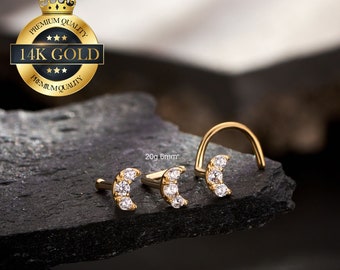 14K Solid Gold Cresent Moon CZ neus Stud/20G neus piercing/neus bot/neus schroef/L vorm neusring/kleine neus sieraden/rechte neus Stud/cadeau