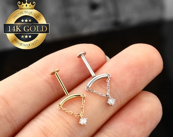 Or 14K Vertical Dangle Hidden Helix Piercing/Threadless Push Pin Flat Back Stud/Hidden Rook/Cartilage/Conch/Tragus/Helix Drop Earring/Cadeau